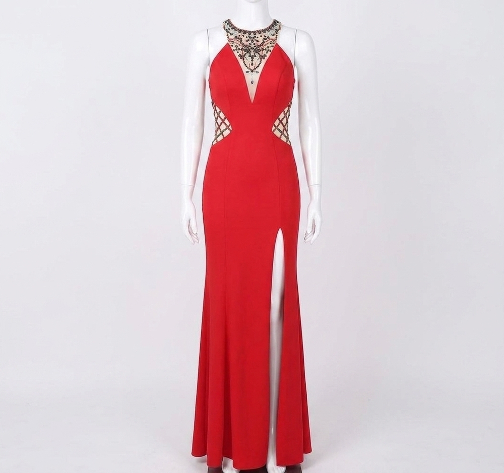 NEW RACHEL ALLAN high mesh neck jersey prom gown with high slit in red